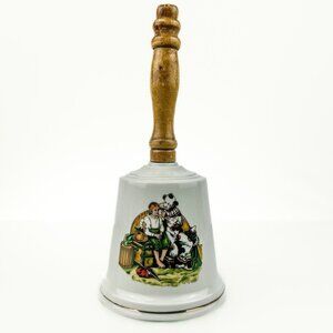 Norman Rockwell Porcelain Bell | Illustrated Bell w/ Wooden Handle | Vintage